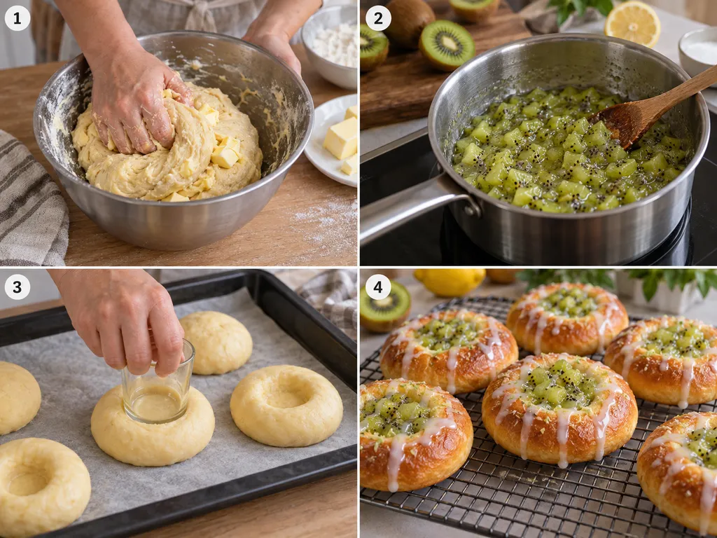 Etapy przygotowania drożdżowych gniazdek z kiwi od ciasta do pieczenia