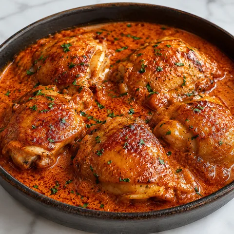 Braised chicken thighs in creamy brick-red paprika sauce topped with parsley