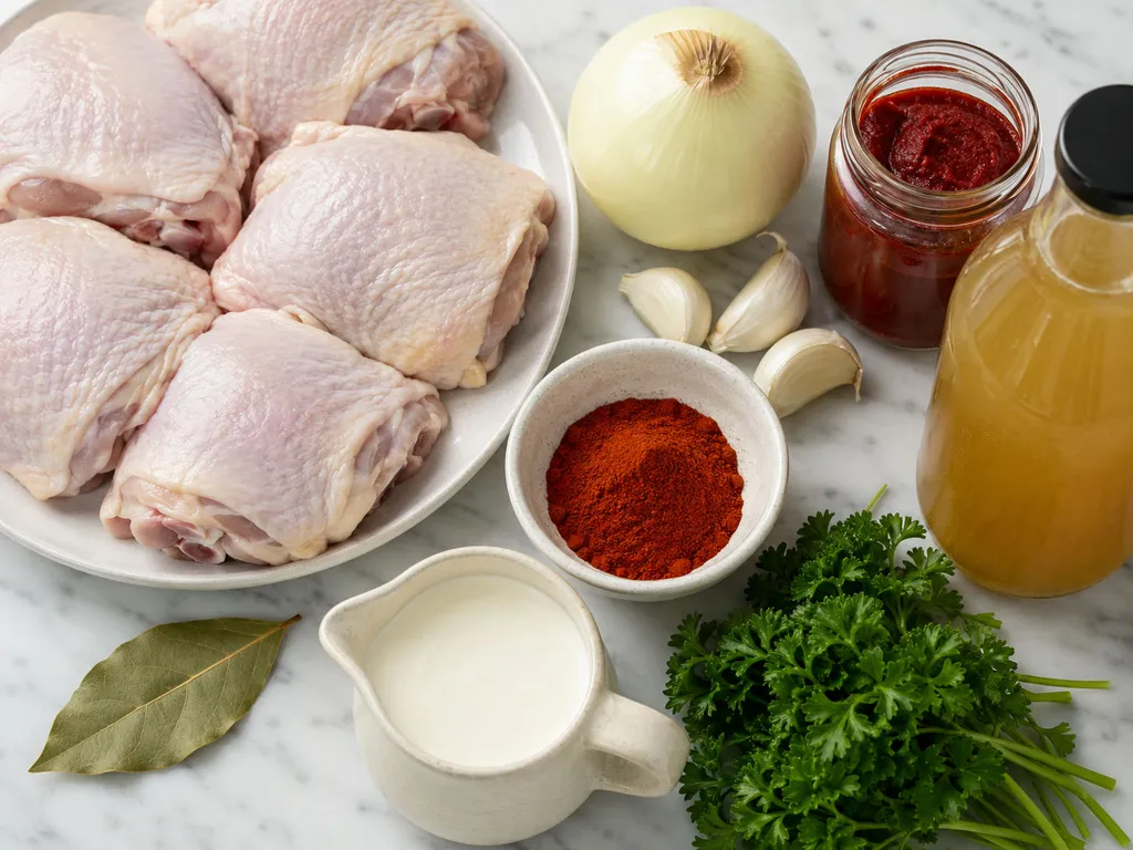 Raw chicken thighs, onion, paprika, tomato paste and cream on a wooden board