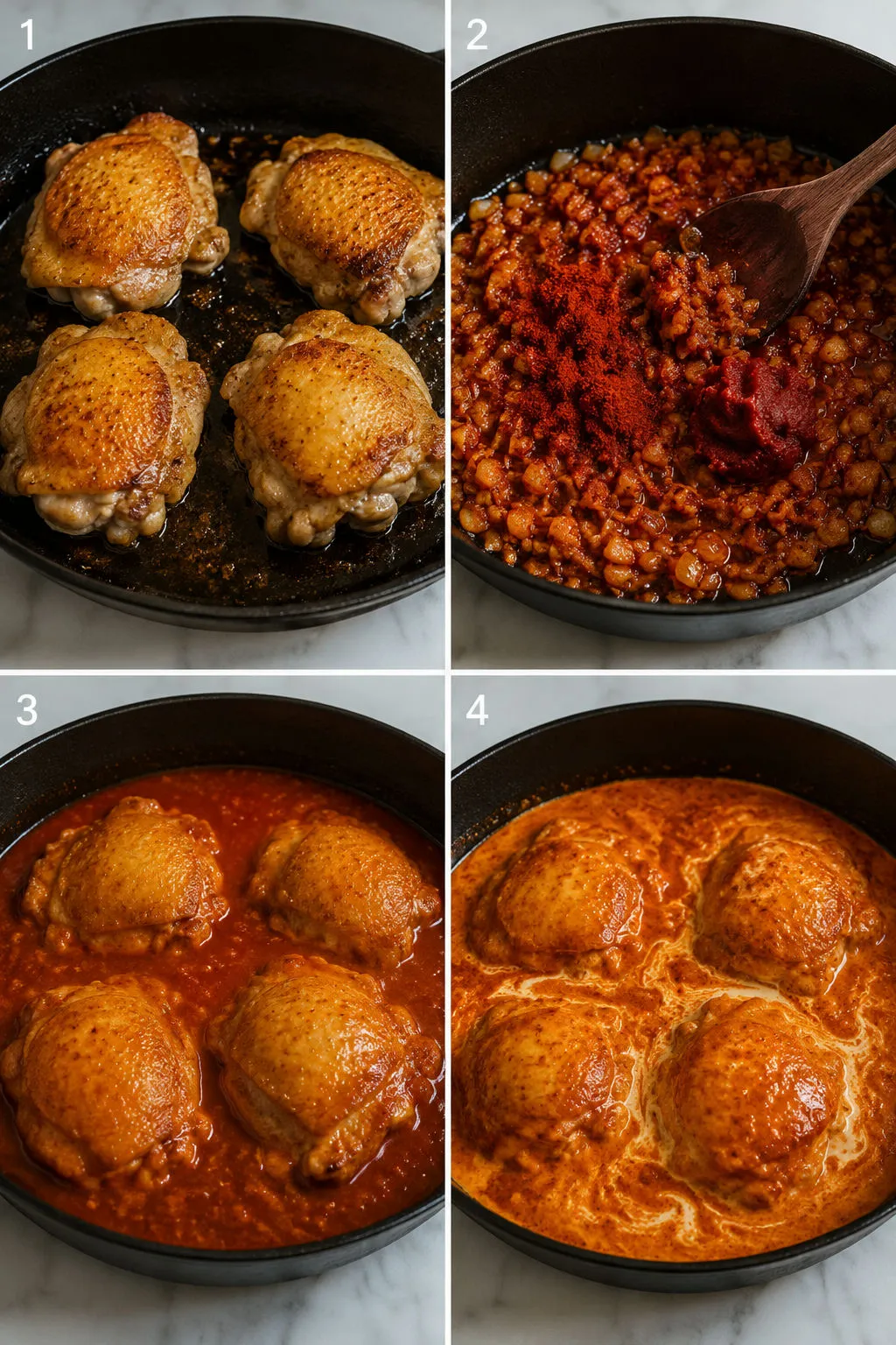 Four steps of making braised chicken thighs in creamy paprika sauce