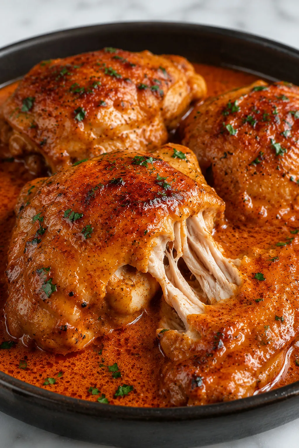 Fork lifting tender braised chicken thigh from creamy paprika sauce