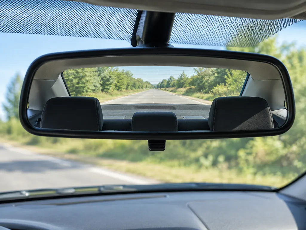 Widok w lusterku wewnętrznym obejmujący tylną szybę i drogę za zaparkowanym autem.