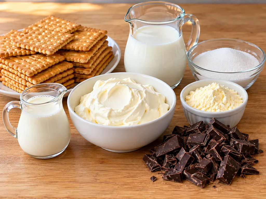 Składniki na eklerka bez pieczenia: krakersy, mleko, budyń, mascarpone i czekolada