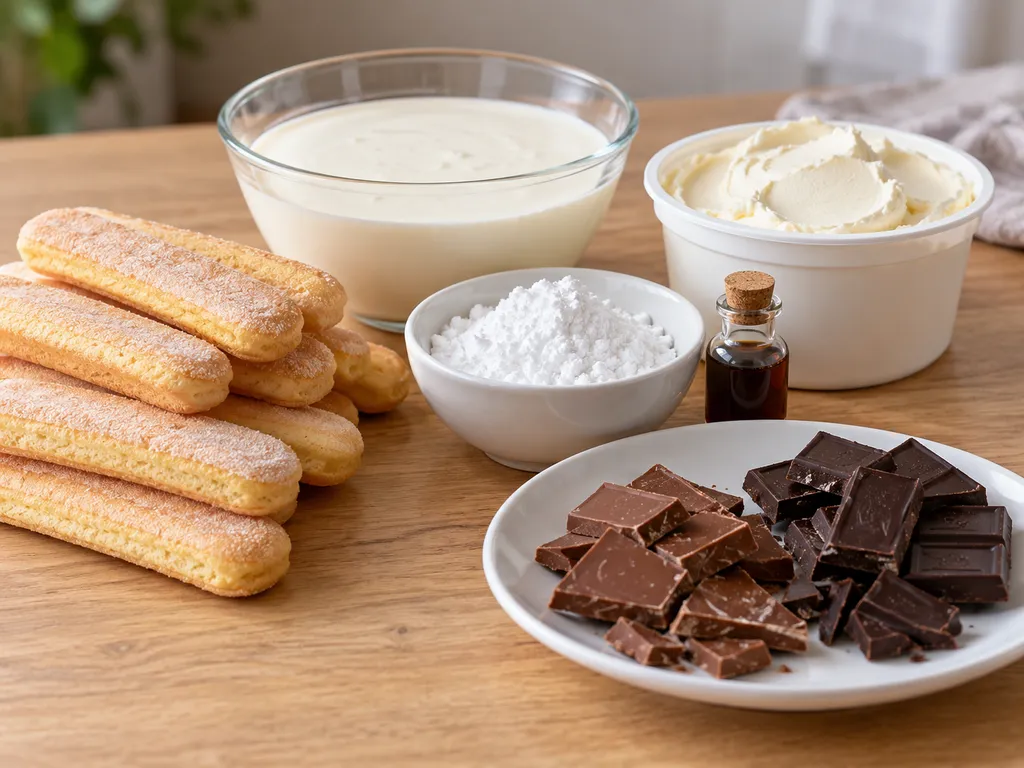 Składniki na błyskawiczne eklerki: biszkopty, śmietana, mascarpone i czekolada
