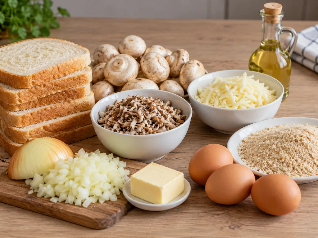 Surowe składniki na krokiety: pieczarki, chleb tostowy, mozzarella i jajka