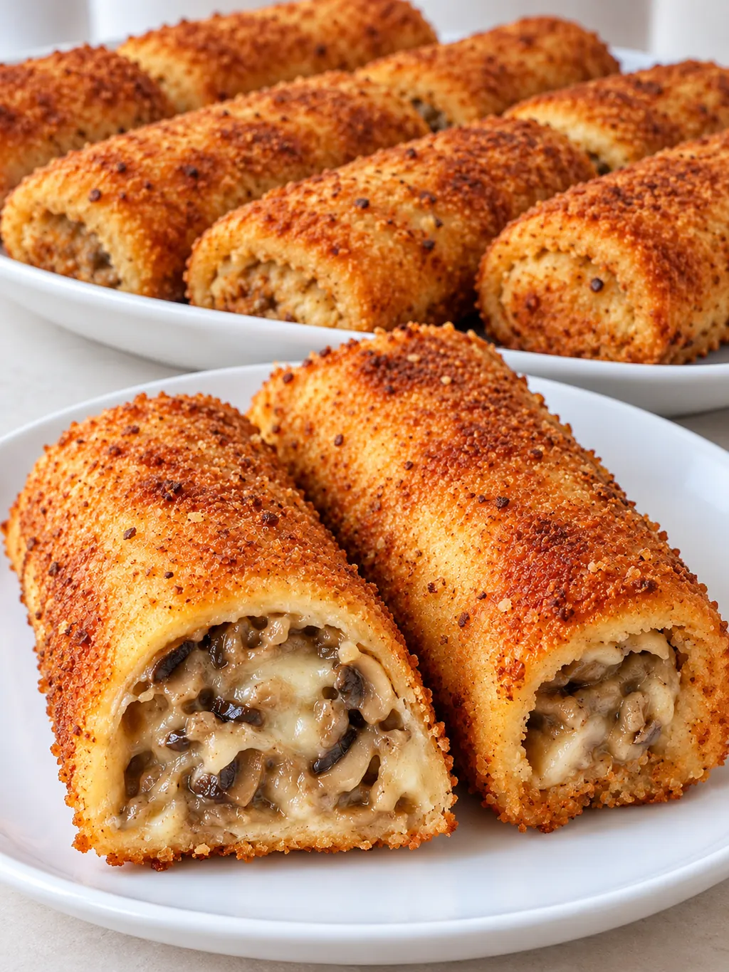 Krokiety z pieczarkami i mozzarellą, jeden przekrojony na talerzu