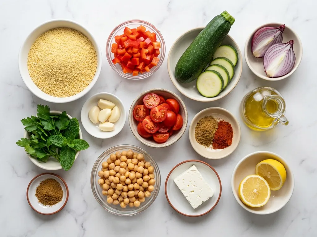 Raw ingredients for couscous with vegetables including peppers, zucchini and chickpeas