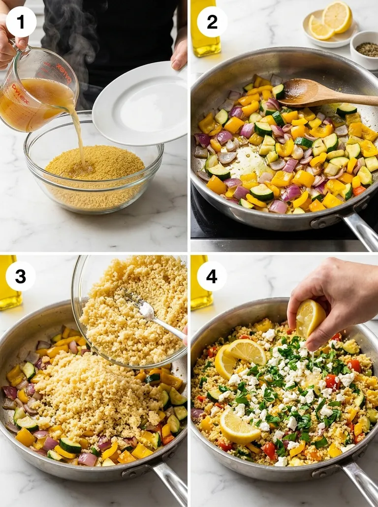 Four steps of making couscous with vegetables from soaking to mixing
