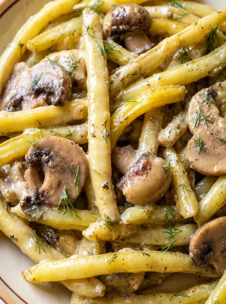 Top-down bowl of green beans and mushrooms in creamy dill sauce