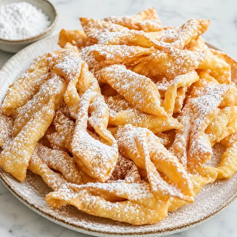Golden fried Polish faworki pastries piled high and dusted with powdered sugar
