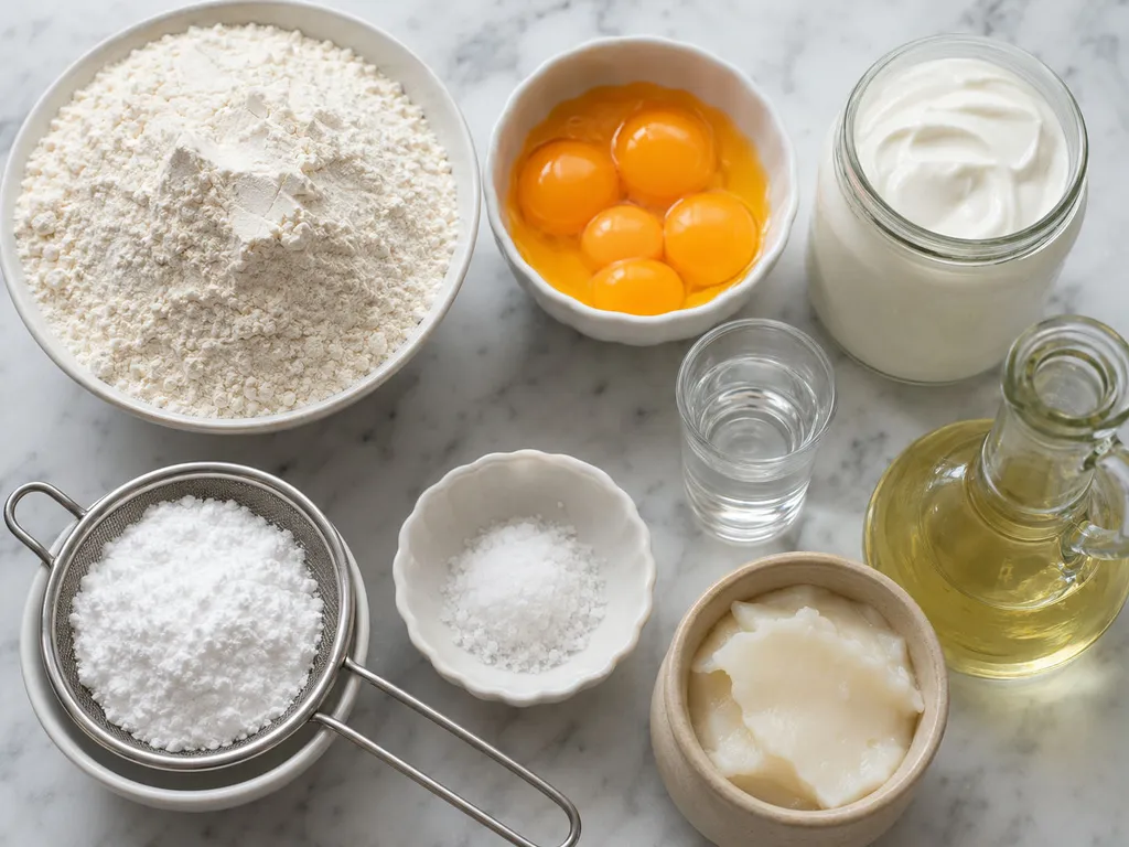 Raw ingredients for faworki including flour, egg yolks, sour cream and powdered sugar