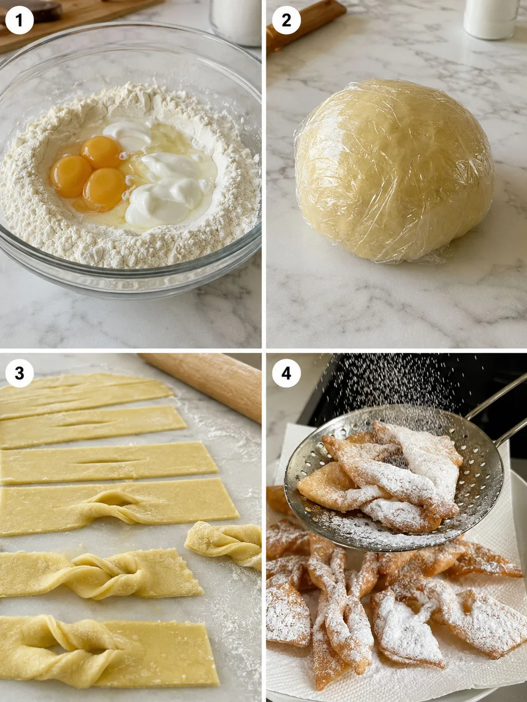 Four steps of making faworki from kneading dough to frying golden ribbons