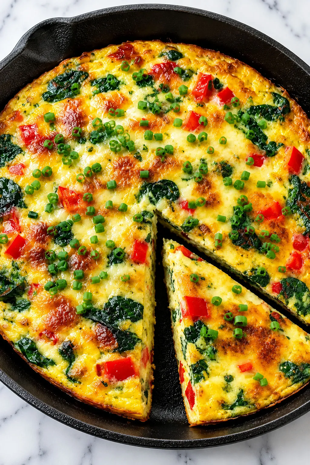 Okrągła frittata z warzywami i serem widziana z góry, jeden kawałek wykrojony