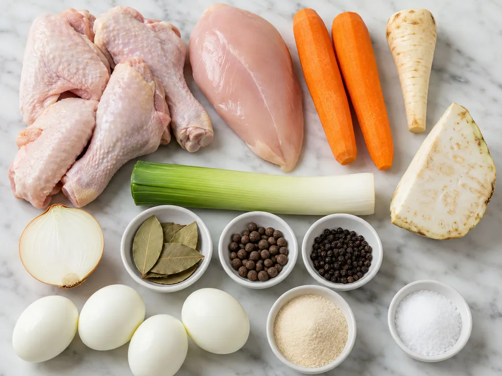 Raw chicken wings, drumsticks, carrots and root vegetables for chicken aspic