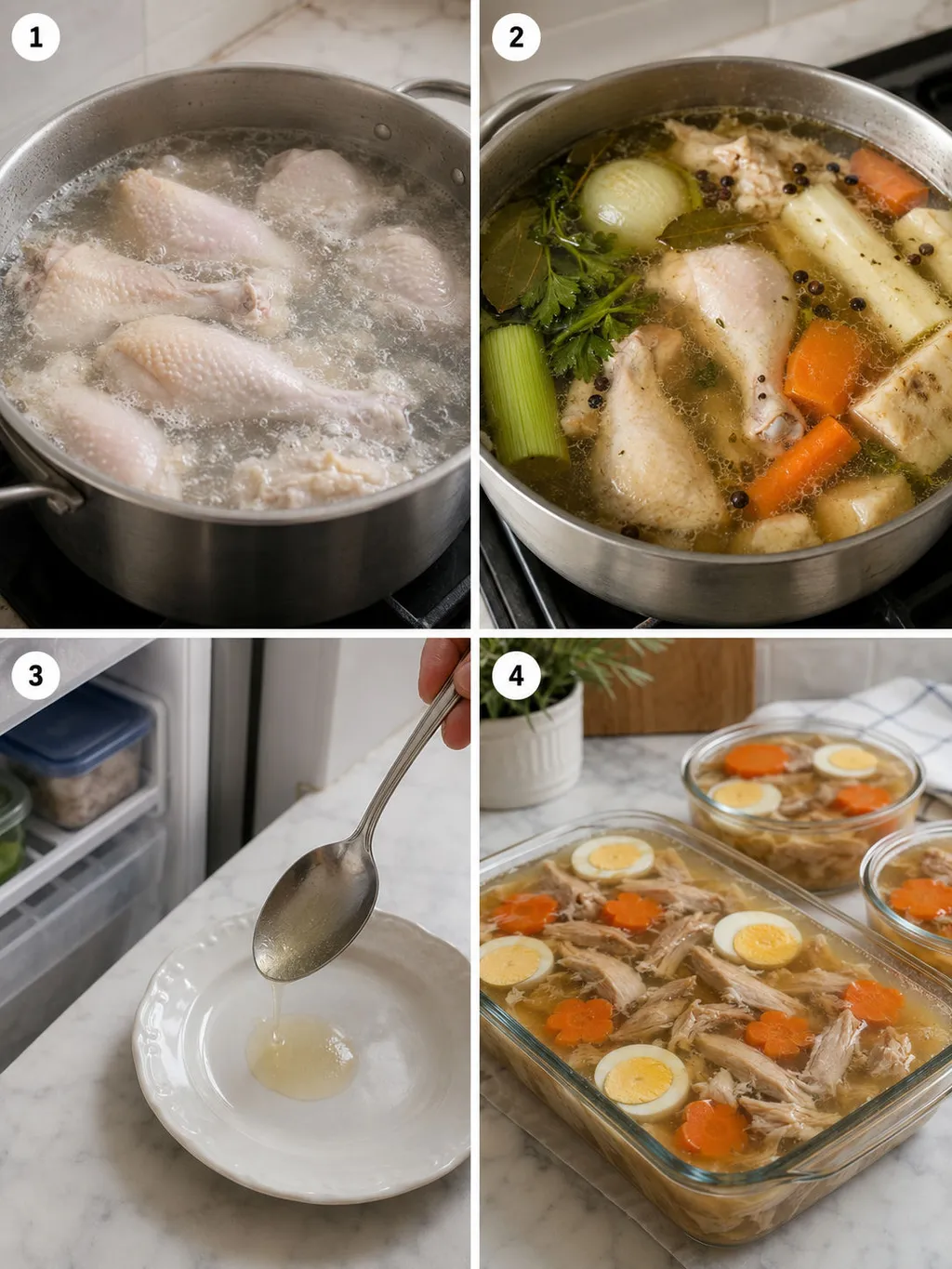 Four steps of making Polish chicken aspic from blanching to straining
