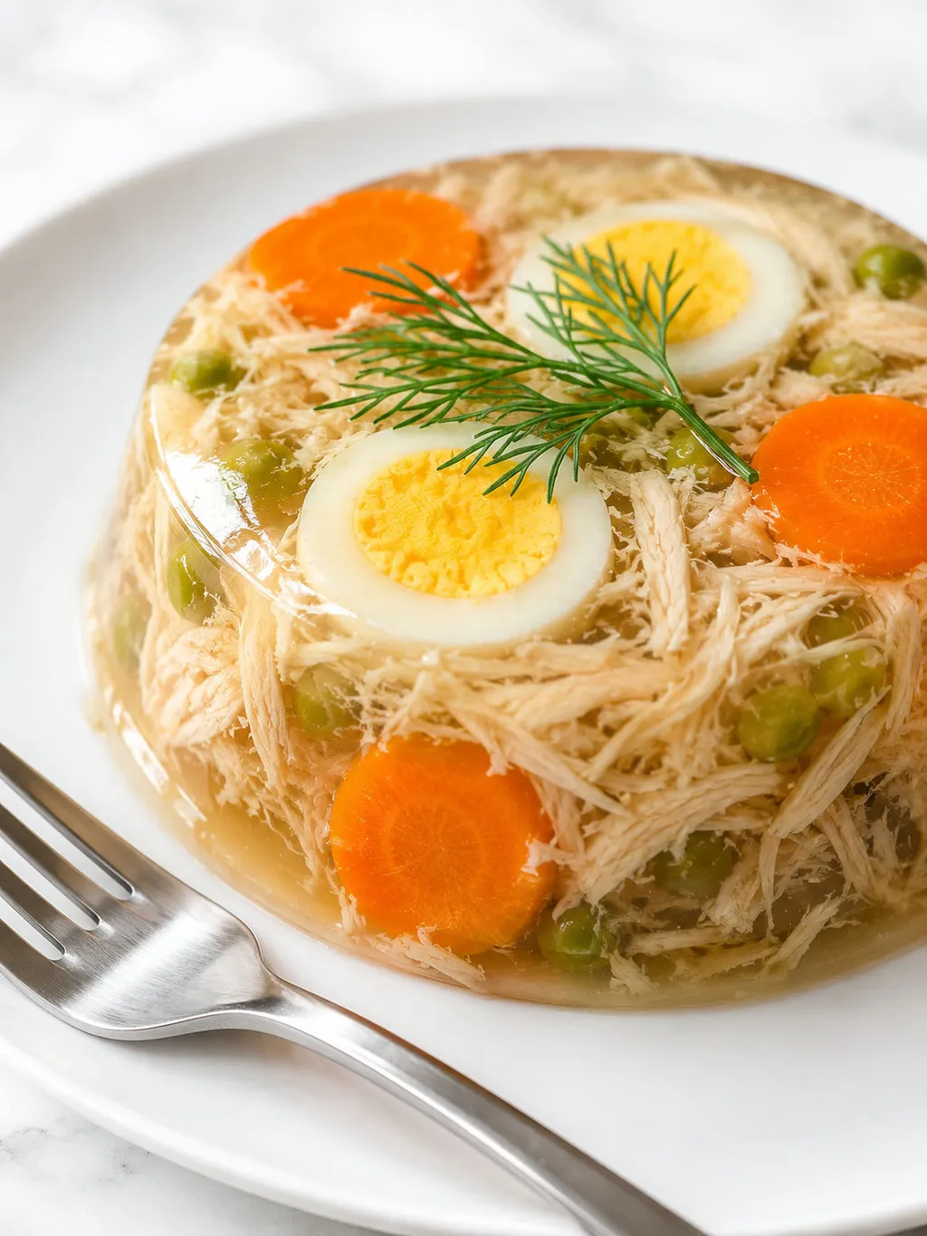 Close-up plate of wobbling Polish chicken aspic with egg and carrot
