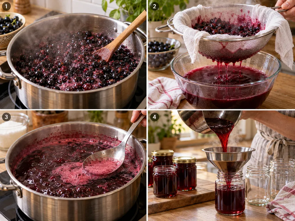 Cztery etapy gotowania galaretki z czarnej porzeczki