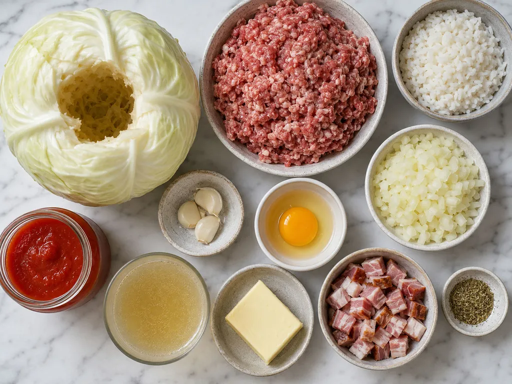 Raw ingredients for Polish gołąbki including cabbage, ground meat, rice and tomato sauce