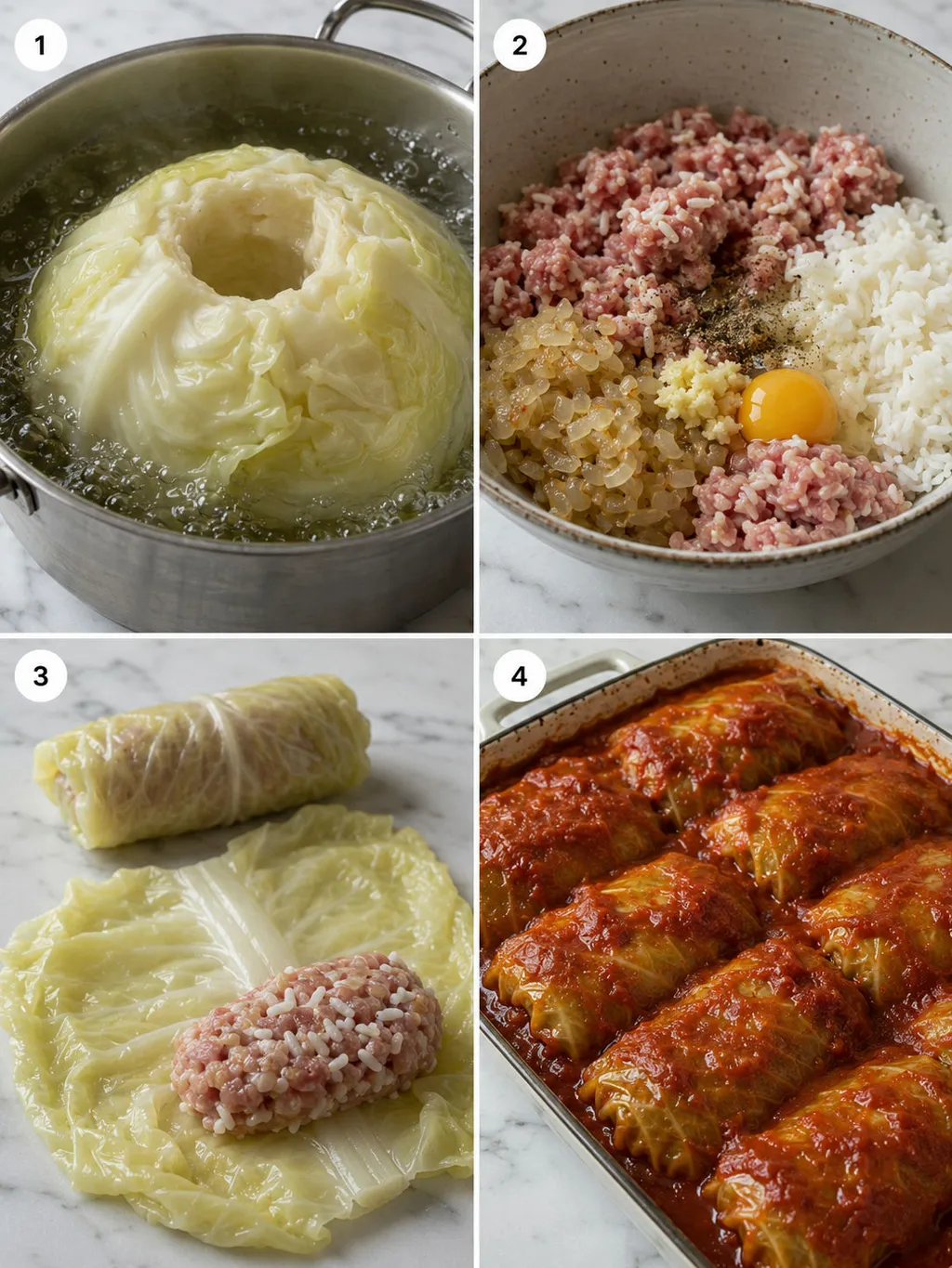 Four steps of making Polish gołąbki from blanching cabbage to baking in tomato sauce