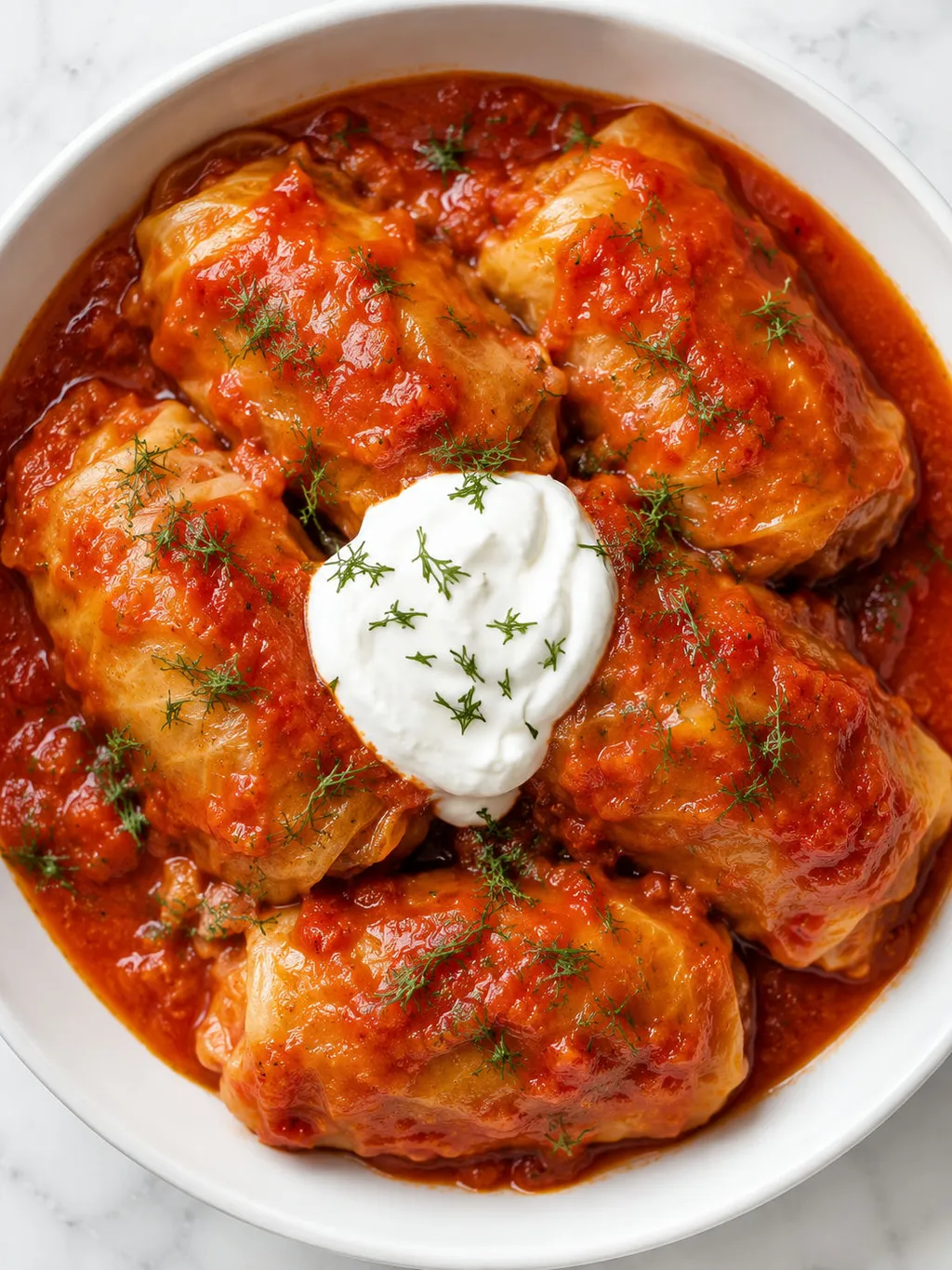 Top-down view of Polish gołąbki cabbage rolls in tomato sauce with sour cream