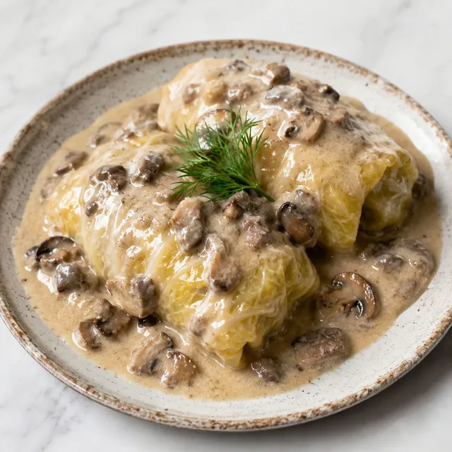 Polish cabbage rolls stuffed with meat and rice topped with creamy mushroom sauce