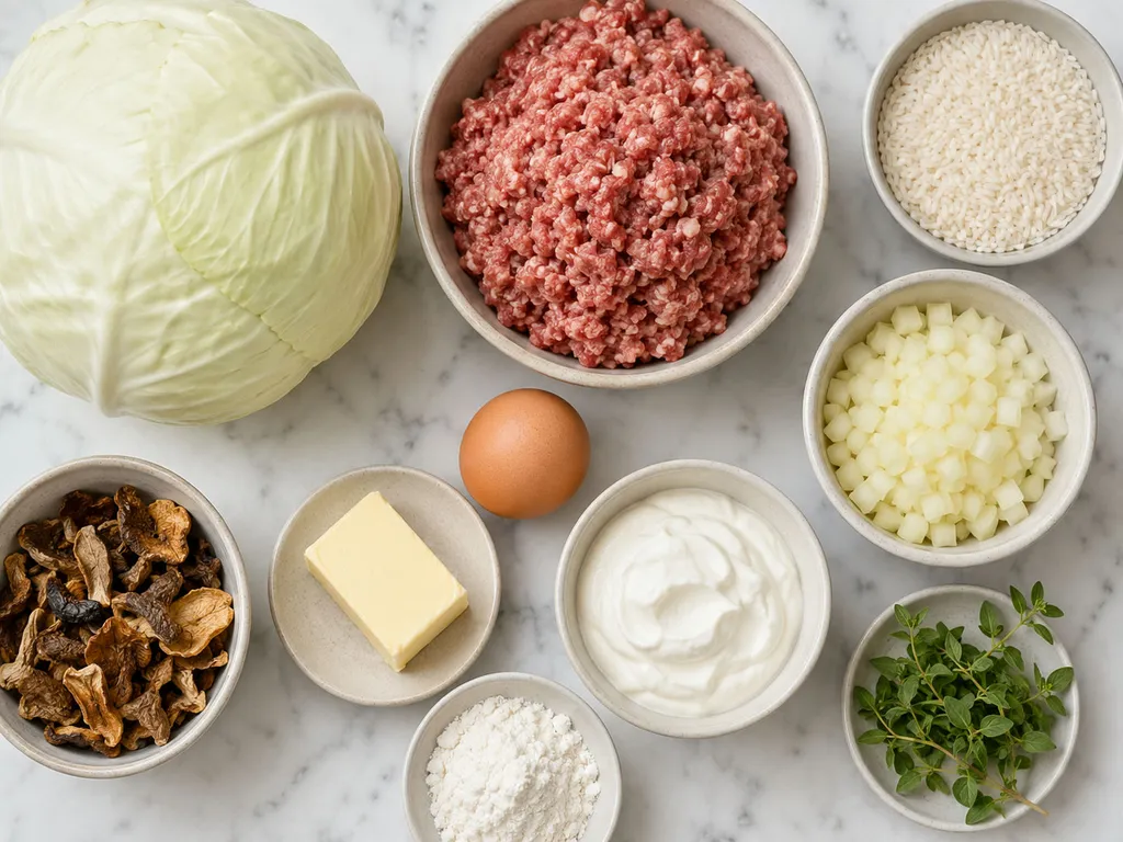 Raw ingredients for Polish gołąbki including cabbage, ground meat, rice and dried mushrooms