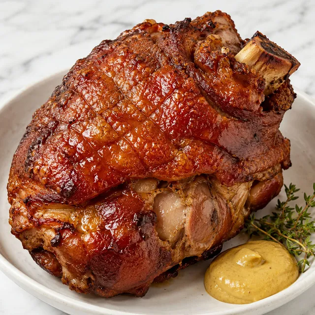 Roasted pork knuckle with dark, cracked, glossy crackling skin on a wooden board