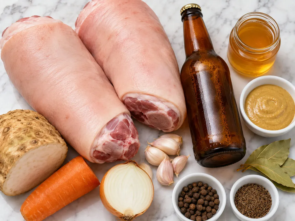 Raw pork knuckles with beer, honey, mustard, garlic and spices on a wooden board