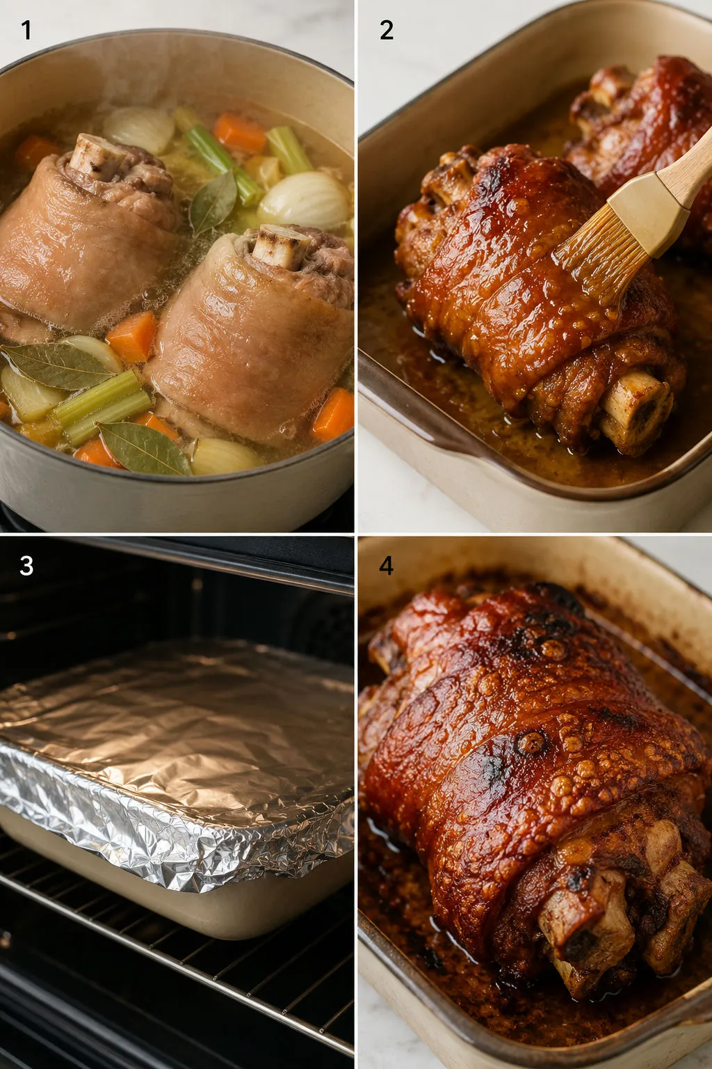 Four steps of making golonka from simmering to basting to the cracked crispy skin