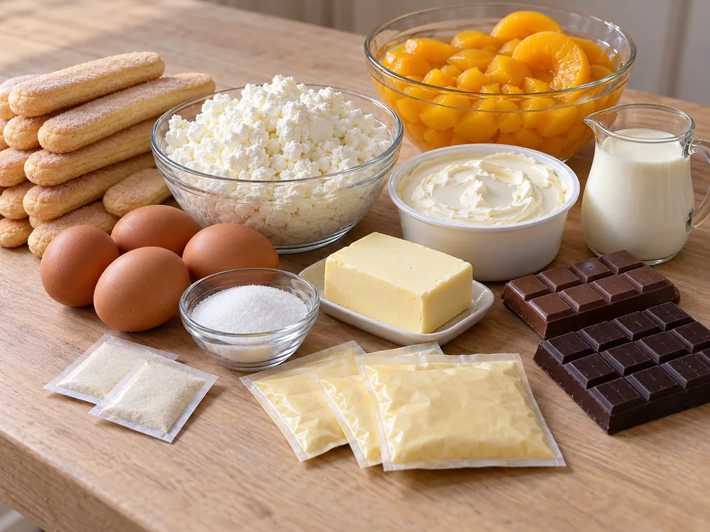 Surowe składniki na gotowany sernik z brzoskwiniami: twaróg, mascarpone, biszkopty i brzoskwinie