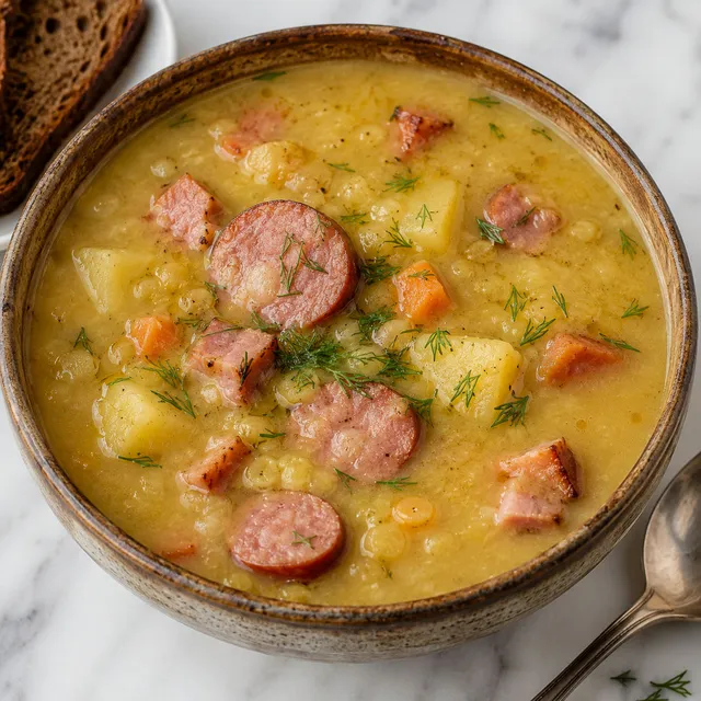 Thick Polish pea soup with smoked bacon, sausage, and potato topped with dill