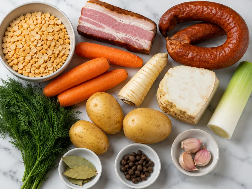 Raw split peas, smoked bacon, sausage, potatoes, and vegetables for pea soup