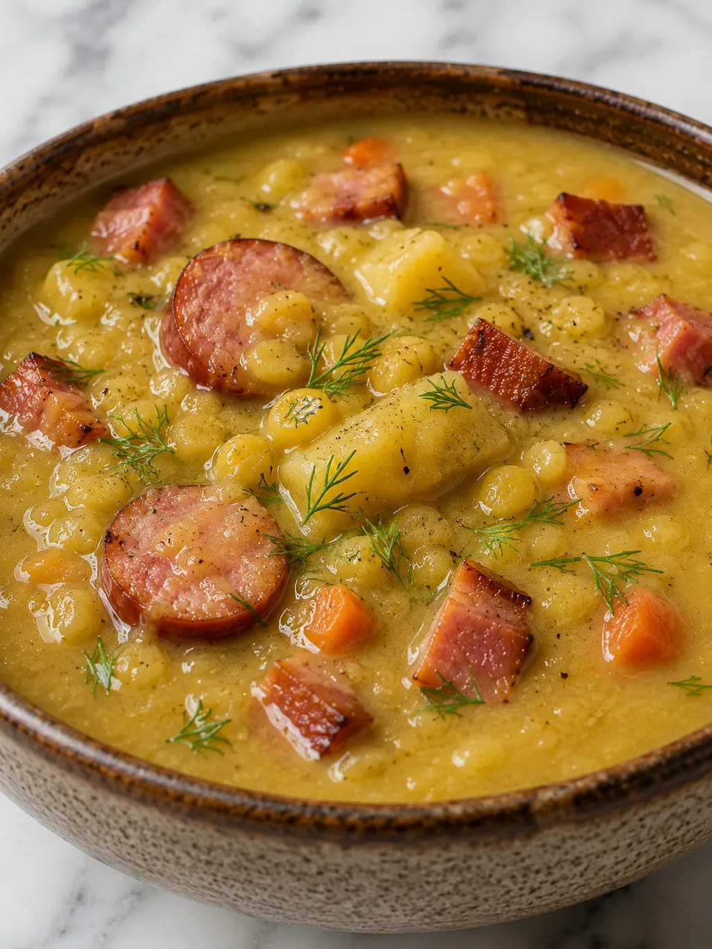 Spoon lifting thick Polish pea soup with smoked bacon and sausage from a bowl