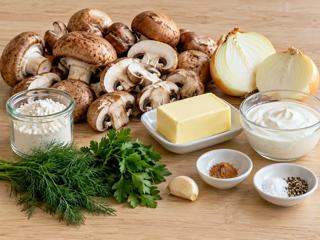 Surowe składniki na grzyby w śmietanie: grzyby, cebula, śmietana, koperek