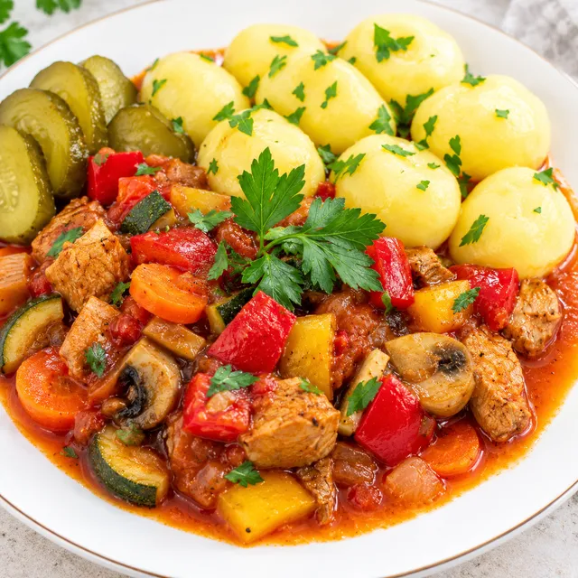 Gulasz z indyka w sosie pomidorowym z ziemniakami i ogórkiem kiszonym