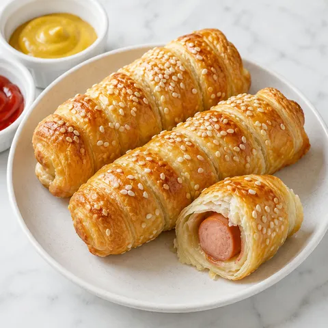 Złociste roladki hot dog w cieście francuskim z sezamem i musztardą