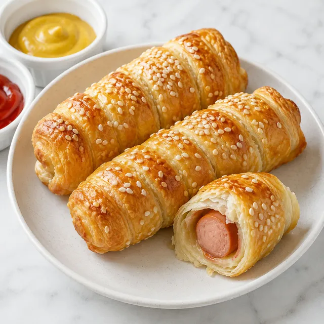Złociste roladki hot dog w cieście francuskim z sezamem i musztardą