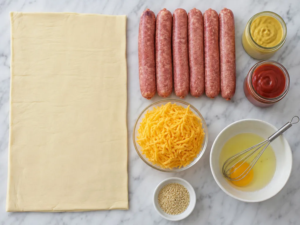 Surowe składniki na hot dogi w cieście francuskim: ciasto, parówki, ser i jajko