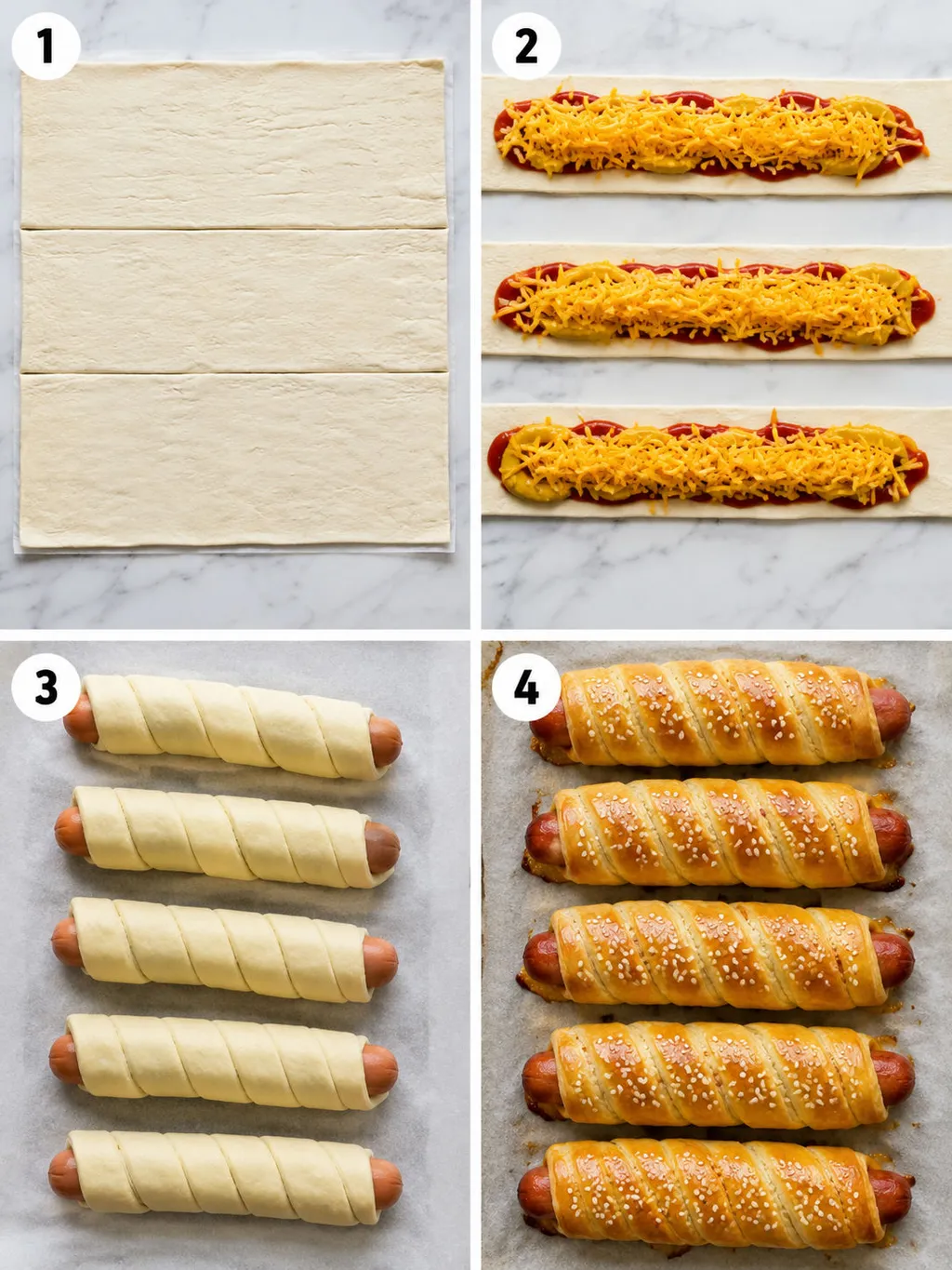 Cztery etapy przygotowania hot dogów w cieście francuskim od zwijania do pieczenia