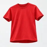 Czerwony T-shirt z widocznym dekoltem, zakończeniami rękawów i otwartym dołem.