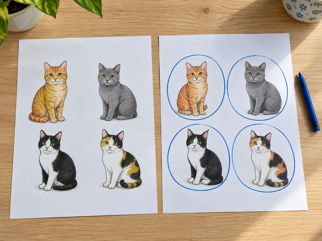 Dwie kopie ilustracji z czterema kotami; na prawej każdy kot jest zaznaczony osobnym okręgiem.