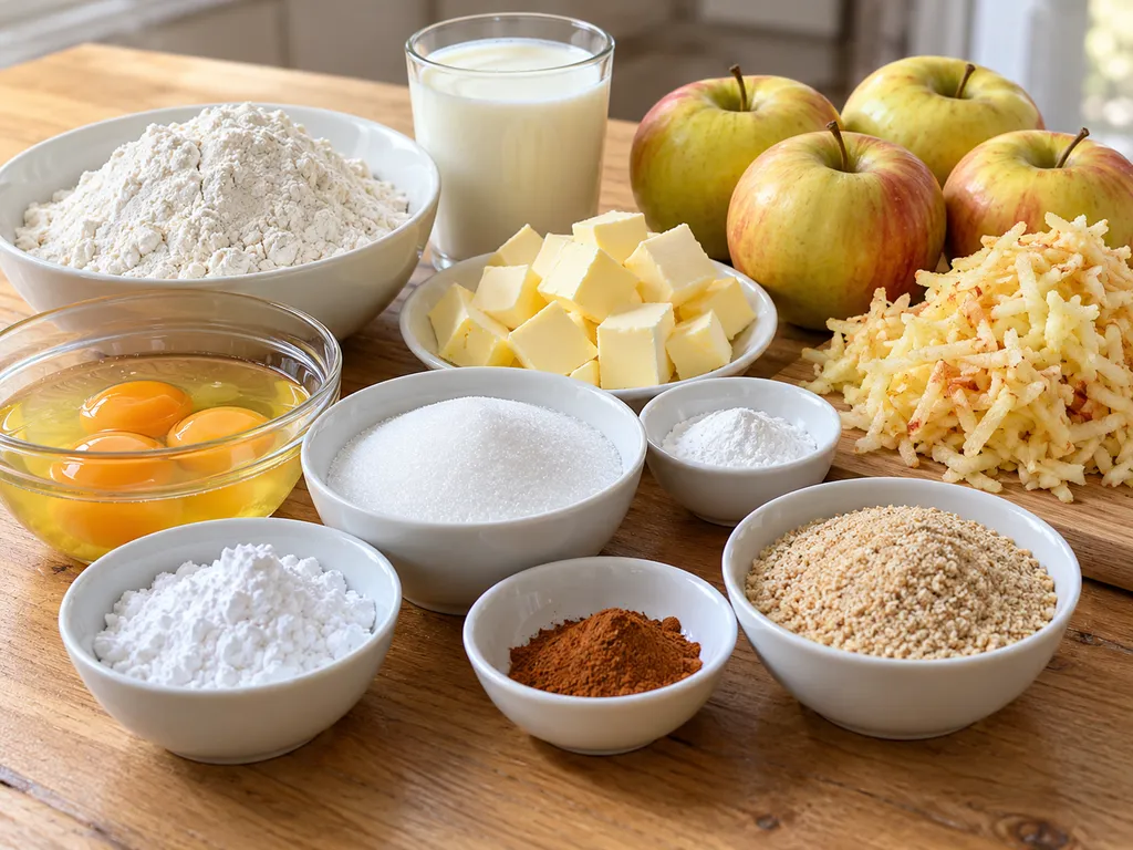 Surowe składniki na jabłecznik: jajka, mąka, masło, kefir, jabłka i cynamon