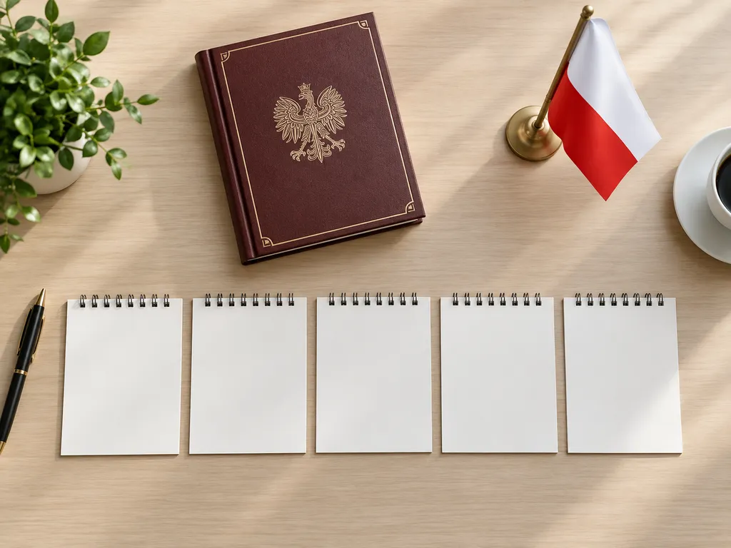 Pięć pustych kart kalendarza ułożonych w szeregu obok książki i polskiej flagi.