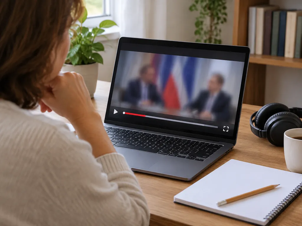 Osoba przy laptopie ze słuchawkami, kartką i ołówkiem podczas sprawdzania nagrania.