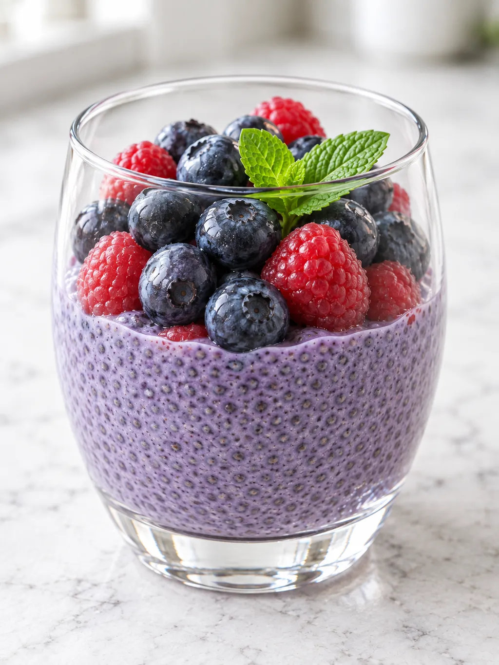 Fioletowy pudding chia z malinami, borówkami i listkiem mięty