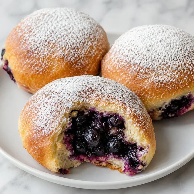 Golden jagodzianki yeast buns dusted with powdered sugar, one torn open with blueberry filling