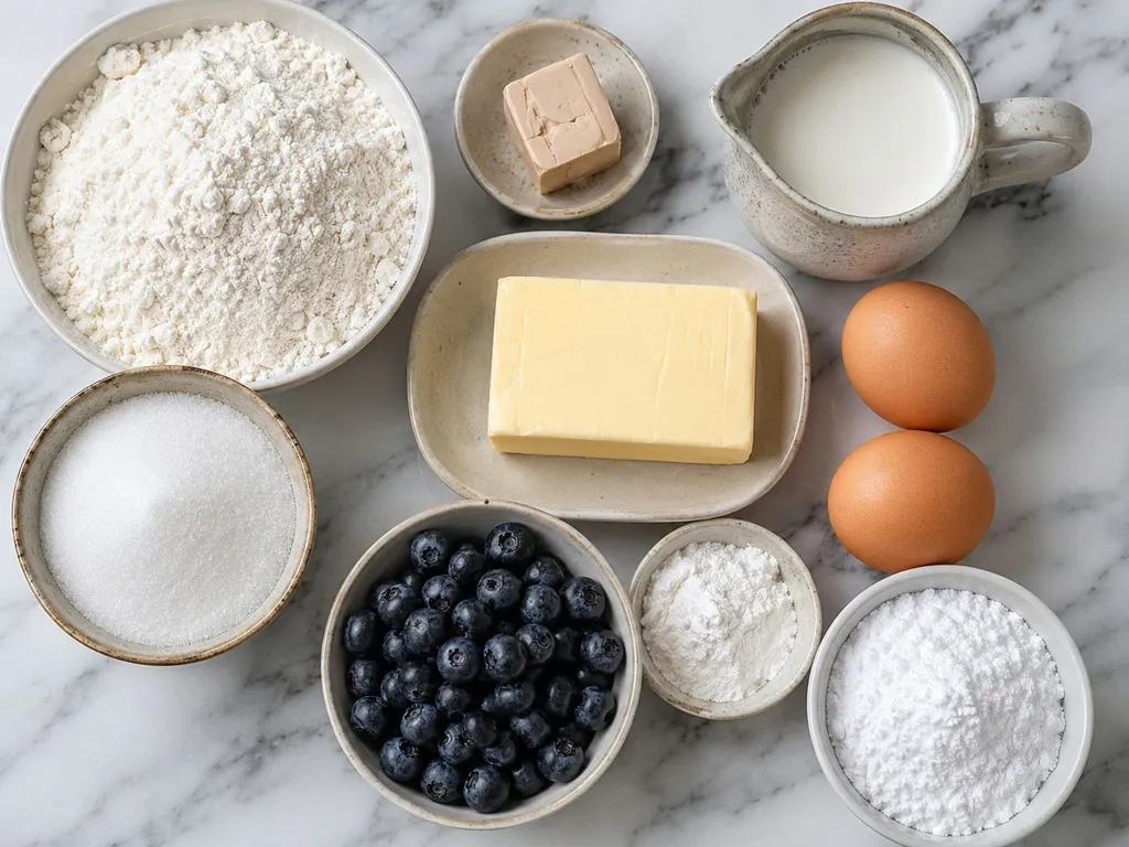Raw ingredients for jagodzianki including flour, yeast, butter, eggs and fresh blueberries