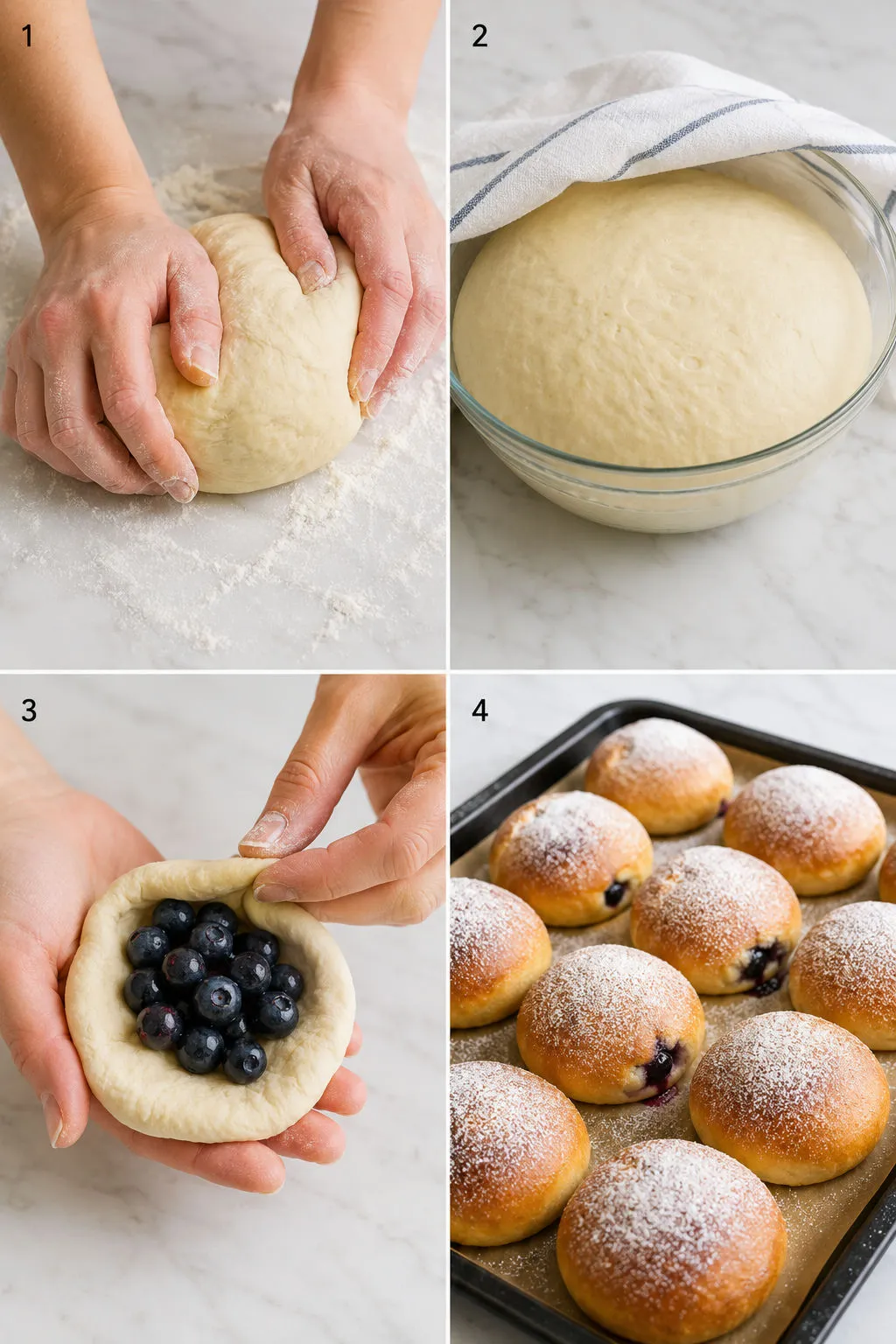 Four steps of making jagodzianki from kneading dough to golden baked buns