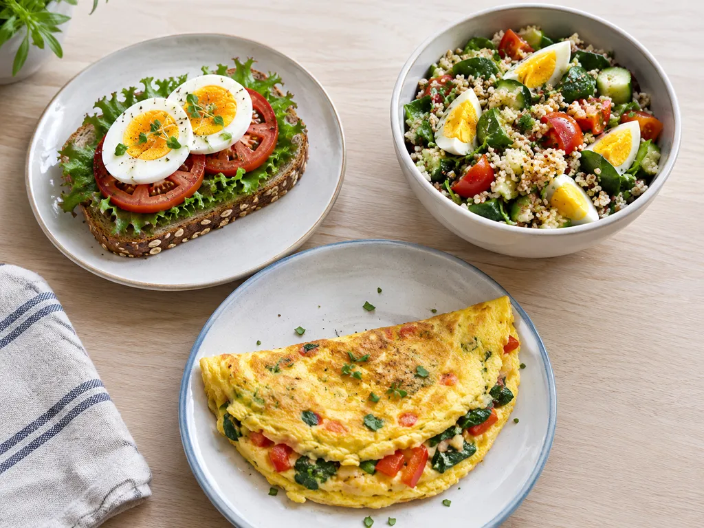 Kanapka z jajkiem, sałatka z kaszą i jajkiem oraz omlet warzywny.
