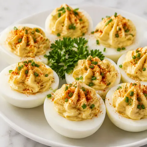 Halved deviled eggs with creamy yolk filling, chives, and paprika on a white plate